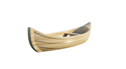 A classic wooden canoe with a light brown finish isolated on transparent background