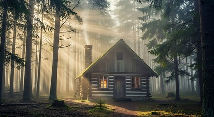 Enchanting log cabin bathed in golden morning sunlight in a misty forest