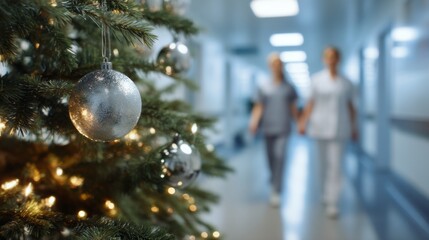 Fototapeta premium A beautifully adorned Christmas tree stands proudly in a hospital corridor, its silver ornaments glinting softly in the light