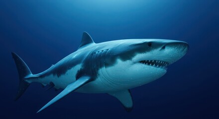 Fototapeta premium Majestic great white shark gliding through the deep blue ocean water showcasing its predatory
