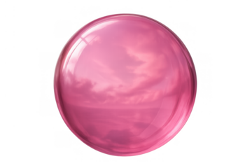 Pink glossy sphere reflecting sky and clouds, 3d render of a liquid bubble with transparent background for abstract concepts