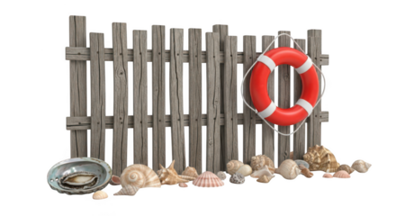 Rustic wooden beach fence with lifebuoy seashells and metal bowl isolated on transparent background