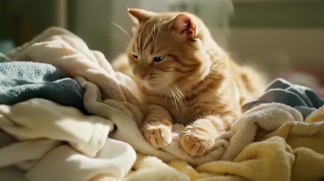 A relaxed feline is seen lounging peacefully on a pile of clothes, perfectly capturing the concept of quiet rejuvenation as captured by the contextual keywords relaxing and fqyam.