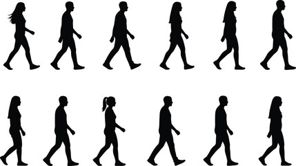 Walking people silhouette collection featuring diverse male and female figures in motion for urban lifestyle, design projects, animation, and modern graphics.