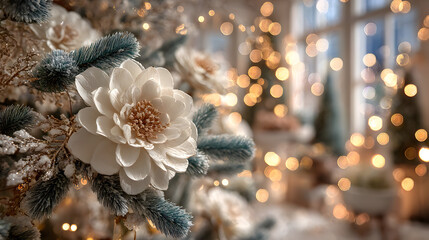 christmas white decoration and spruce tree close up bokeh lights background merry christmas and happy holidays greeting card frame banner new year noel winter festive xmas theme