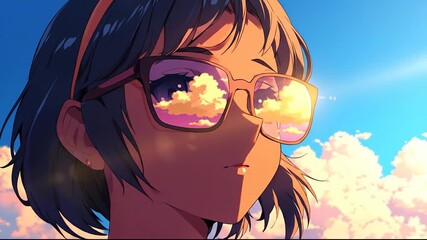 An anime girl wearing pink sunglasses looks towards a bright blue sky with fluffy clouds, capturing a refreshing summer day with a cheerful and animated scene.