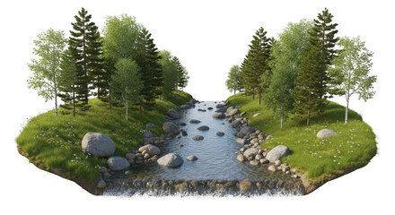 Serene forest landscape with flowing river and lush greenery isolated on transparent background