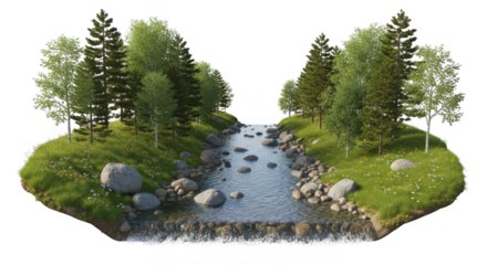 Serene forest landscape with flowing river and lush greenery isolated on transparent background