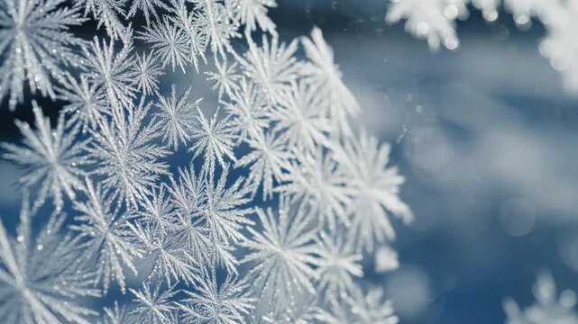 Macro cinematic shot showing detailed structure of intricate crystalline frost spreading across a frozen clear surface structure, cinematic, extreme