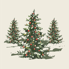 Three Christmas trees with red ornaments. One is in the foreground, the other two are in the background