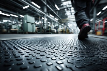 Person walking on textured industrial rubber floor in factory