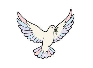 Fototapeta premium A white dove with a green olive branch in its beak flies with pastel colored wing feathers isolated on a black background symbolizing peace and hope flat vector illustration