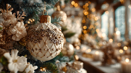 christmas white decoration and spruce tree close up bokeh lights background merry christmas and happy holidays greeting card frame banner new year noel winter festive xmas theme