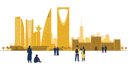 Riyadh skyline silhouette featuring modern skyscrapers and historical architecture with people observing the cityscape in a golden hue illustration