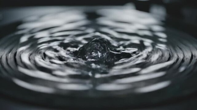 Macro close-up slow motion shot of vibrating fluid ripples creating concentric circular patterns driven by intense low frequency sound waves conceptual, abstract, smooth flow