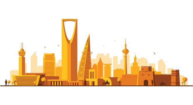 Riyadh skyline illustration featuring iconic landmarks like Kingdom Centre and Al Faisaliah Tower, cityscape silhouette, modern architecture, and traditional fortress, Saudi Arabia.