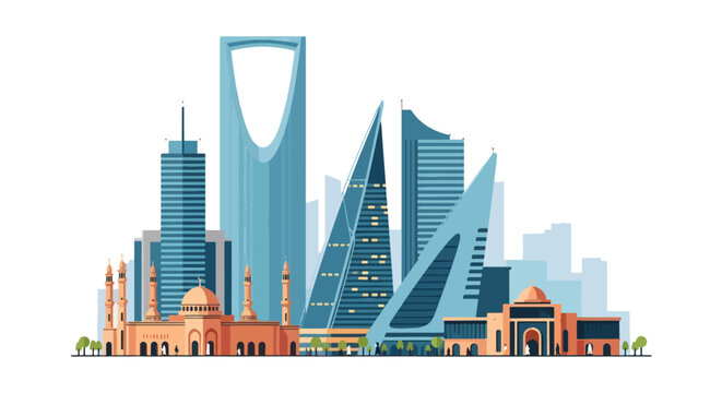 Riyadh Skyline Illustration Featuring Iconic Buildings and Traditional Architecture, Saudi Arabia Cityscape with Modern and Islamic Designs