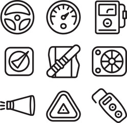 Car dashboard symbols set representing vehicle controls and safety features outline