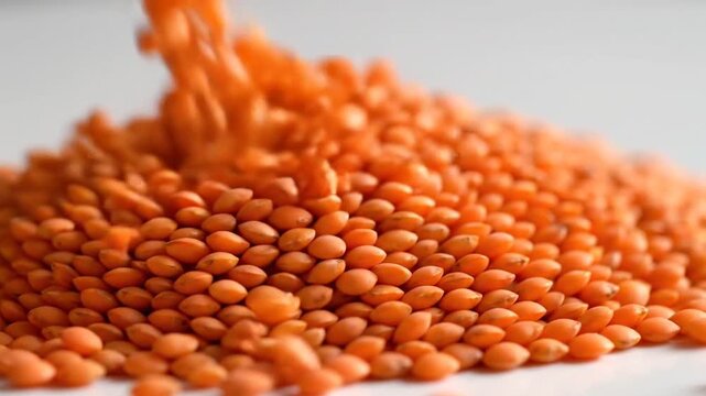 Close up of vibrant orange red lentils being poured onto a white surface creating a pile with shallow depth of field and soft lighting highlighting their smooth texture