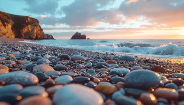 a beautiful sunset at a beach with pebbles