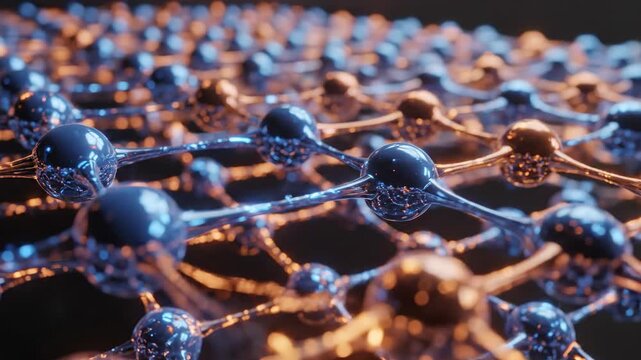 Macro close-up view of abstract blue and orange molecular spheres vibrating and pulsing along interconnected structural lines atom, chemistry, digital
