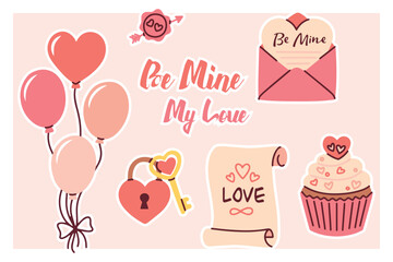 Collection of pink holiday icons featuring balloons, a heart padlock, and a manuscript. Decorative stickers for Valentine's Day projects and love notes.