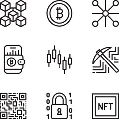 Cryptocurrency icons such as blockchain bitcoin digital wallet stock exchange