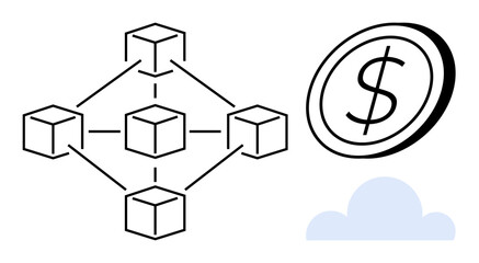 Blockchain technology, cryptocurrency, financial transactions, data security, cloud computing, decentralized systems. Diagram of interconnected blocks, dollar coin symbol and cloud icon. Blockchain