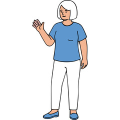 Woman with White Hair and Blue T Shirt and White Pants Waving Hello With A Smile on a Transparent Background