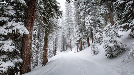 Snow-Covered Forest Trail: Groomed Winter Pathway Through Snow-Laden Evergreen Trees in Frosty Woodland
