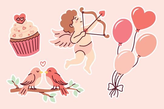 Collection of holiday design elements featuring an angel, kissing birds, and a cupcake. Cute stickers for Valentine's Day cards and romantic decorations.