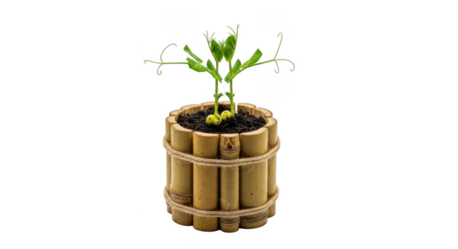 A small green seedling growing in a rustic bamboo planter isolated on transparent background - Powered by Adobe