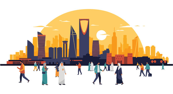 Riyadh skyline at sunset with traditional architecture and diverse people walking, Saudi Arabia modern cityscape illustration, Islamic culture elements