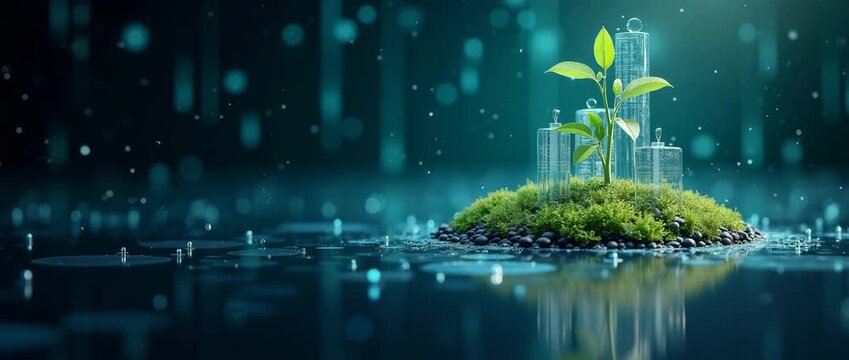 A captivating visualization of AI enabling sustainable finance, blending realism with abstract elements and providing a clear area ideal for future-focused messaging.