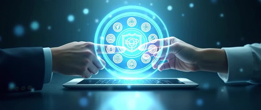 Futuristic digital interface sparks between two hands above a laptop, as the camera gently pans, with ambient lights flickering, in a cinematic style emphasizing technology and innovation.