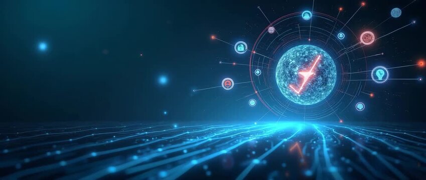 Futuristic digital network visualization with swirling data particles glows softly; camera glides smoothly across the scene, capturing ambient light flickers in a cinematic style.
