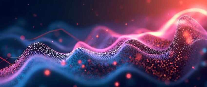 Dynamic waves of glowing particles gently undulate in a mesmerizing digital landscape as the camera slowly pans, capturing the futuristic essence in a cinematic, ambient motion.
