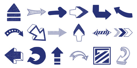 Collection of Hand-Drawn Blue Arrows and Directional Symbols