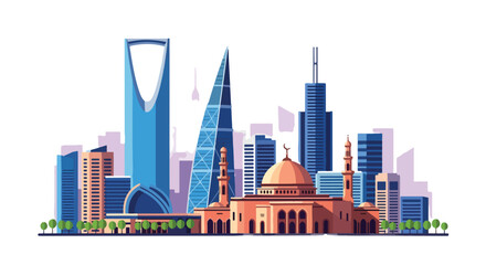 Obraz premium Riyadh Cityscape Skyline Illustration Featuring Iconic Kingdom Centre Tower and a Mosque with a Dome and Minarets against a White Background
