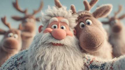 Funny santa claus grandpa making selfie with his reindeer modern lifestyle illustration, Merry Christmas