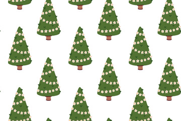 Endless texture featuring green firs adorned with floral blooms. Wrapping paper design with spruce trees and white chamomile decorations.