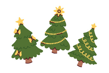 Group of three spruce trees adorned with golden ribbons and ornaments. Trio of evergreens ready for New Year celebration and holiday greeting cards.