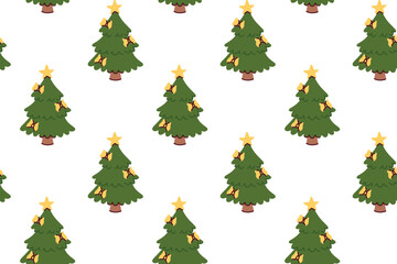 Holiday background with repeating spruce trees tied with golden ribbons. New Year pattern featuring decorated firs for gift wrap or textile.