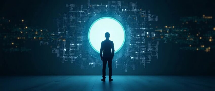 Silhouette of a person standing before a glowing digital portal, data streams animate around them; camera slowly pans, creating a futuristic, cinematic atmosphere with dynamic lighting effects.