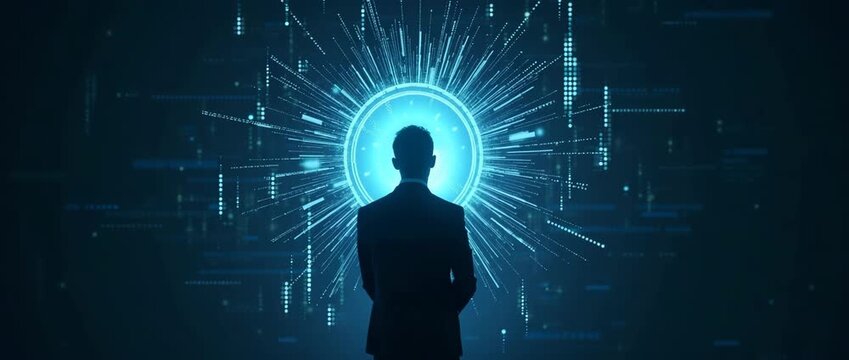 Silhouette of a man gazing at a futuristic digital interface, with ambient glowing lights and a slow camera pan, creating a cinematic and visionary atmosphere.