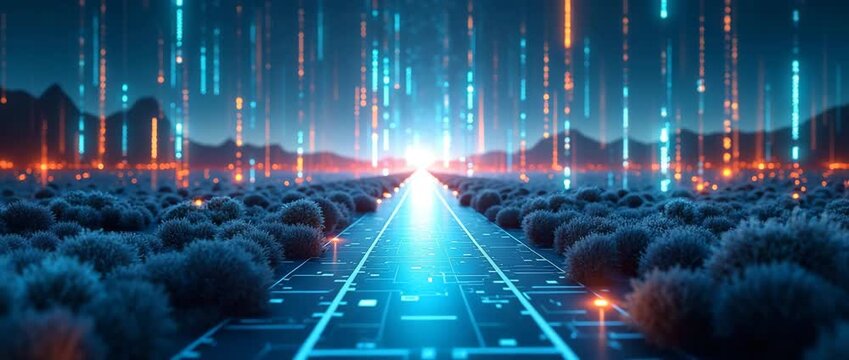 Futuristic digital landscape with a glowing path leading to a horizon, data streams descending, and distant mountains; camera gently pans across this cinematic, tech-inspired scene.