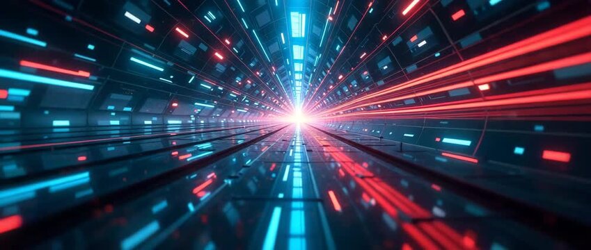 Futuristic digital tunnel with dynamic light trails, camera smoothly tracks forward as neon elements pulse and flicker, creating a cinematic and immersive cyberpunk atmosphere.