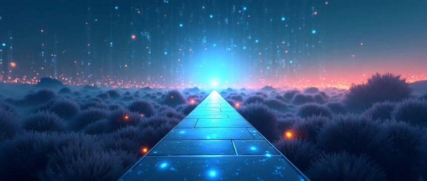 Futuristic pathway glows under a starry digital sky as camera slowly pans, showcasing a surreal neon landscape with gentle ambient light motion, perfect for cinematic tech-themed visuals.