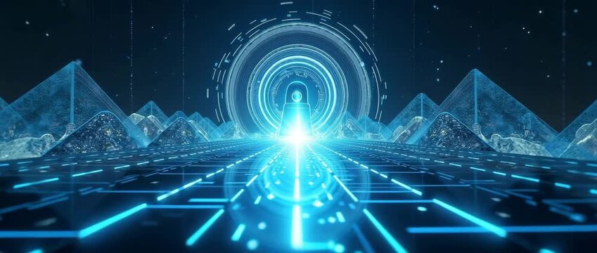 Futuristic digital landscape with neon lights pulsating, camera slowly tracking forward as holographic elements animate in a mesmerizing, cinematic sci-fi style.