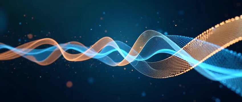 Dynamic abstract waves flow gracefully in a digital landscape, with particles subtly shimmering; the camera glides along, capturing the cinematic essence of vibrant technology.